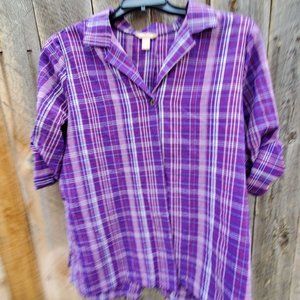 White Stage Purple Plaid Roll Sleeve Blouse XL 16/18